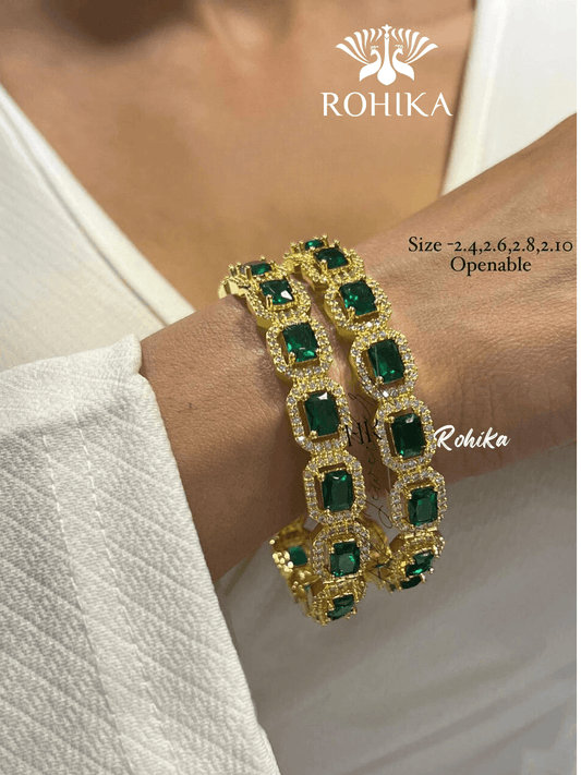 Denise american diamond bangles pair - Dark green - Rohika Store