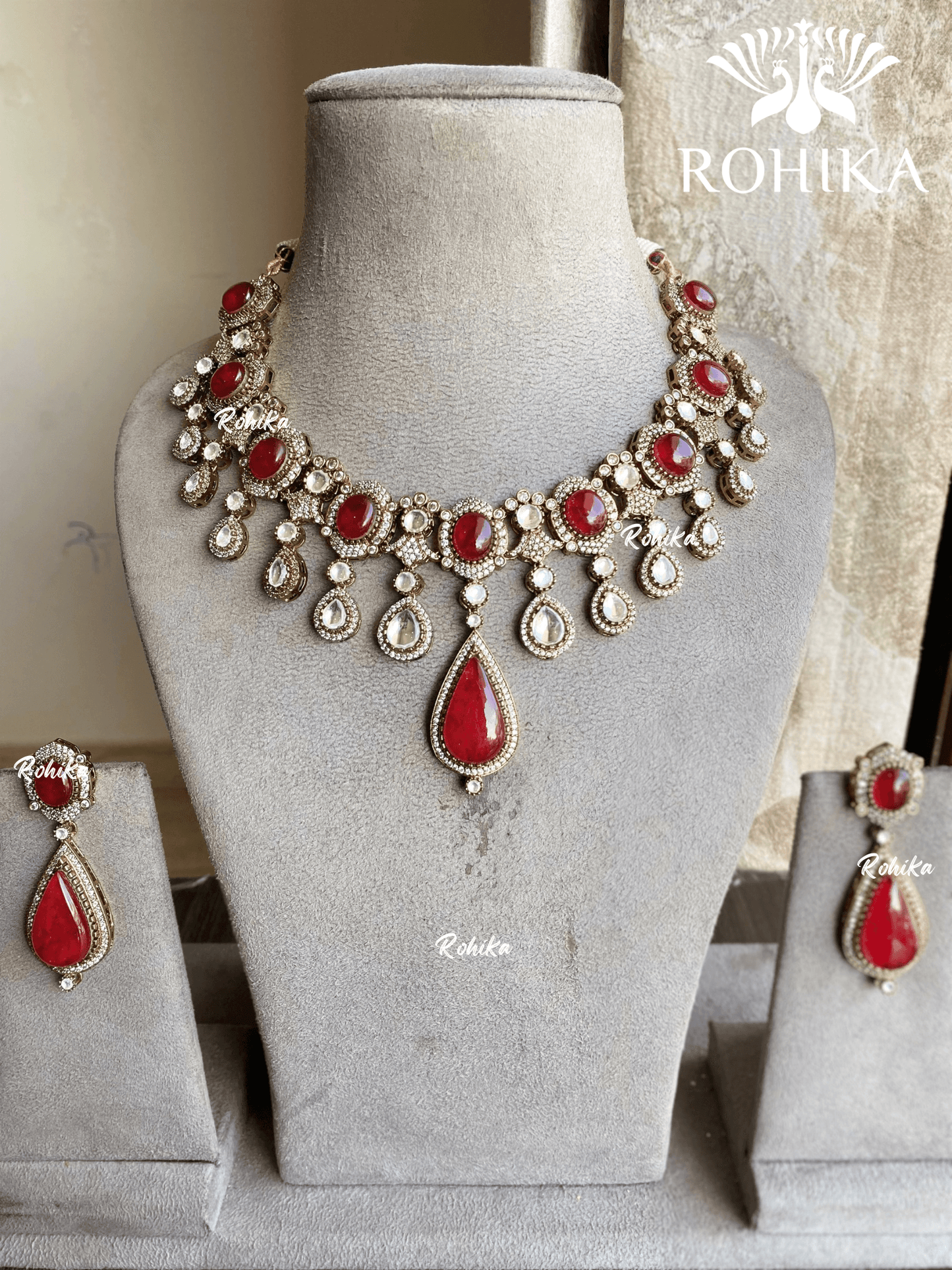 Amber doublet necklace set - Red - Rohika Store