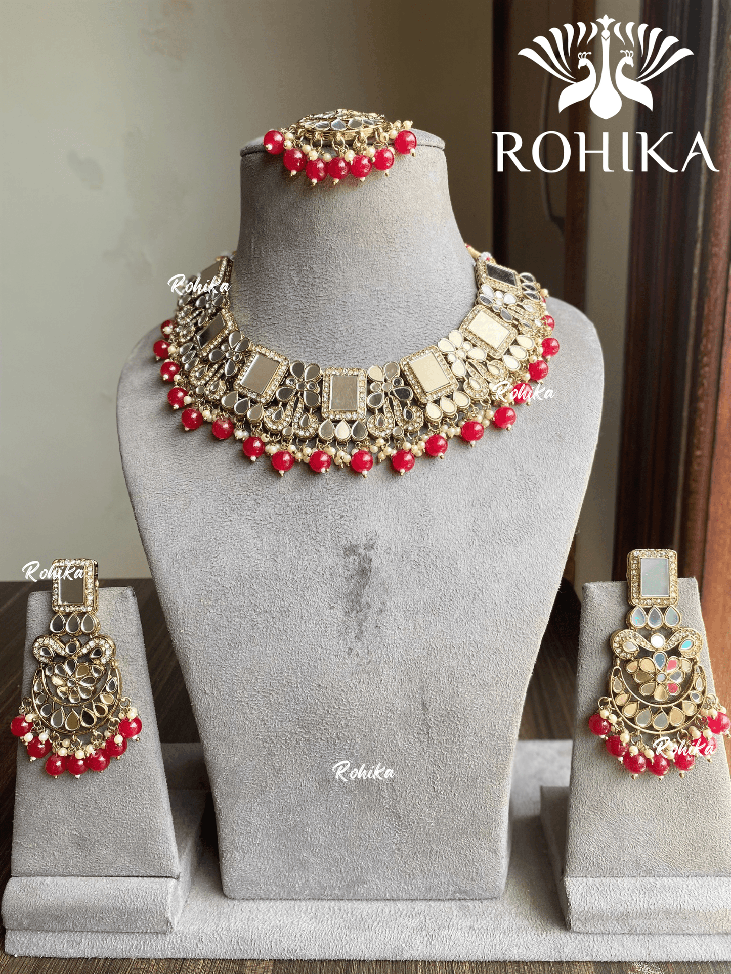 Anju mirror choker set - Red - Rohika Store