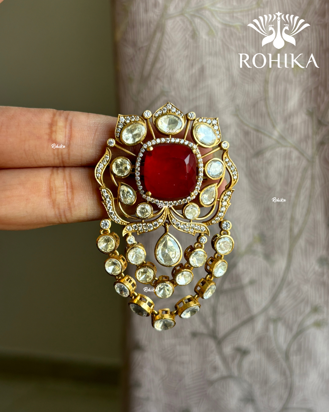 Moisanite kundan Brooch (BR-001) - Red
