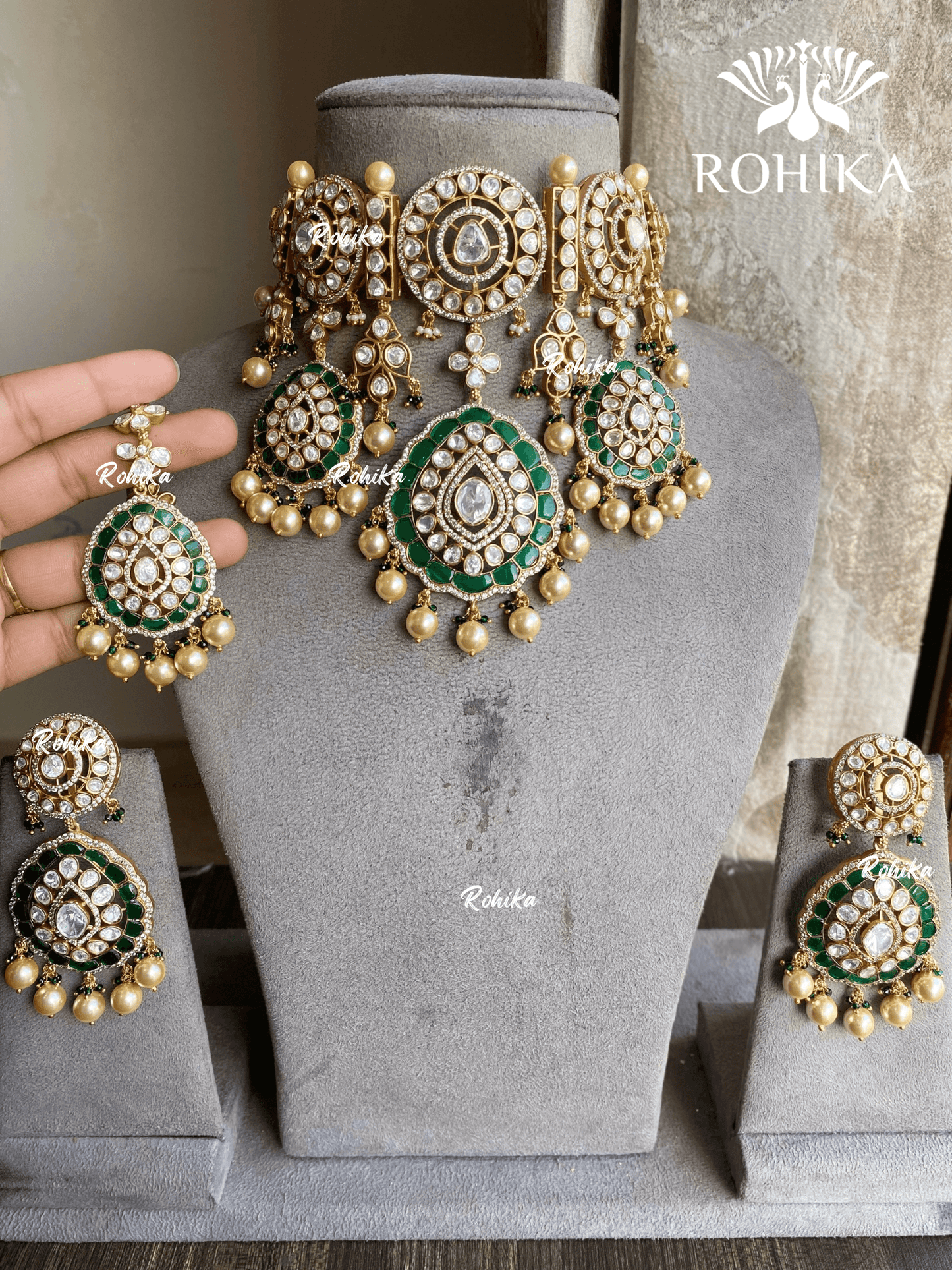 Mastani moisanite bridal necklace set - Green - Rohika Store