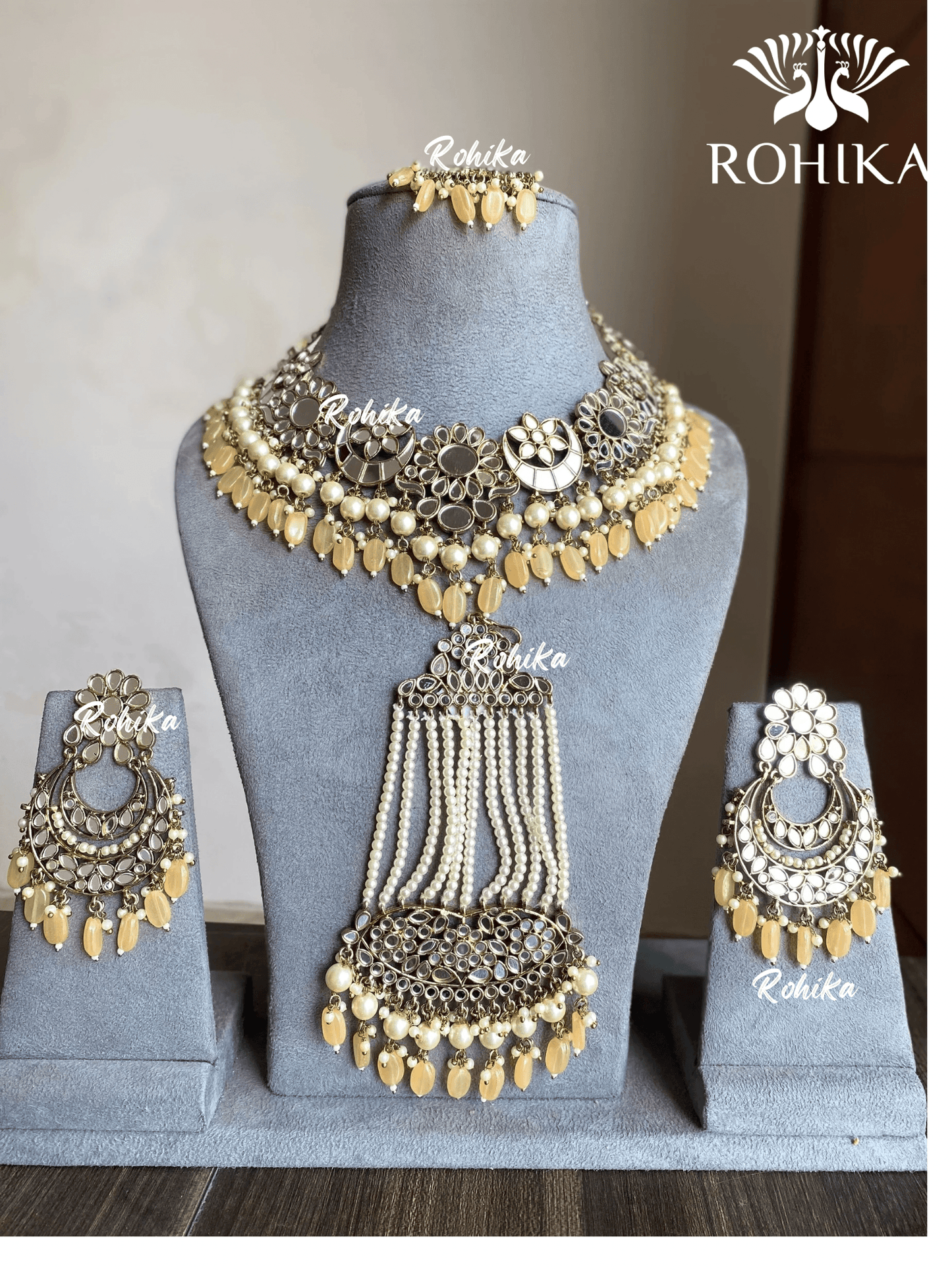 Ravleen mirror necklace set - Beige - Rohika Store