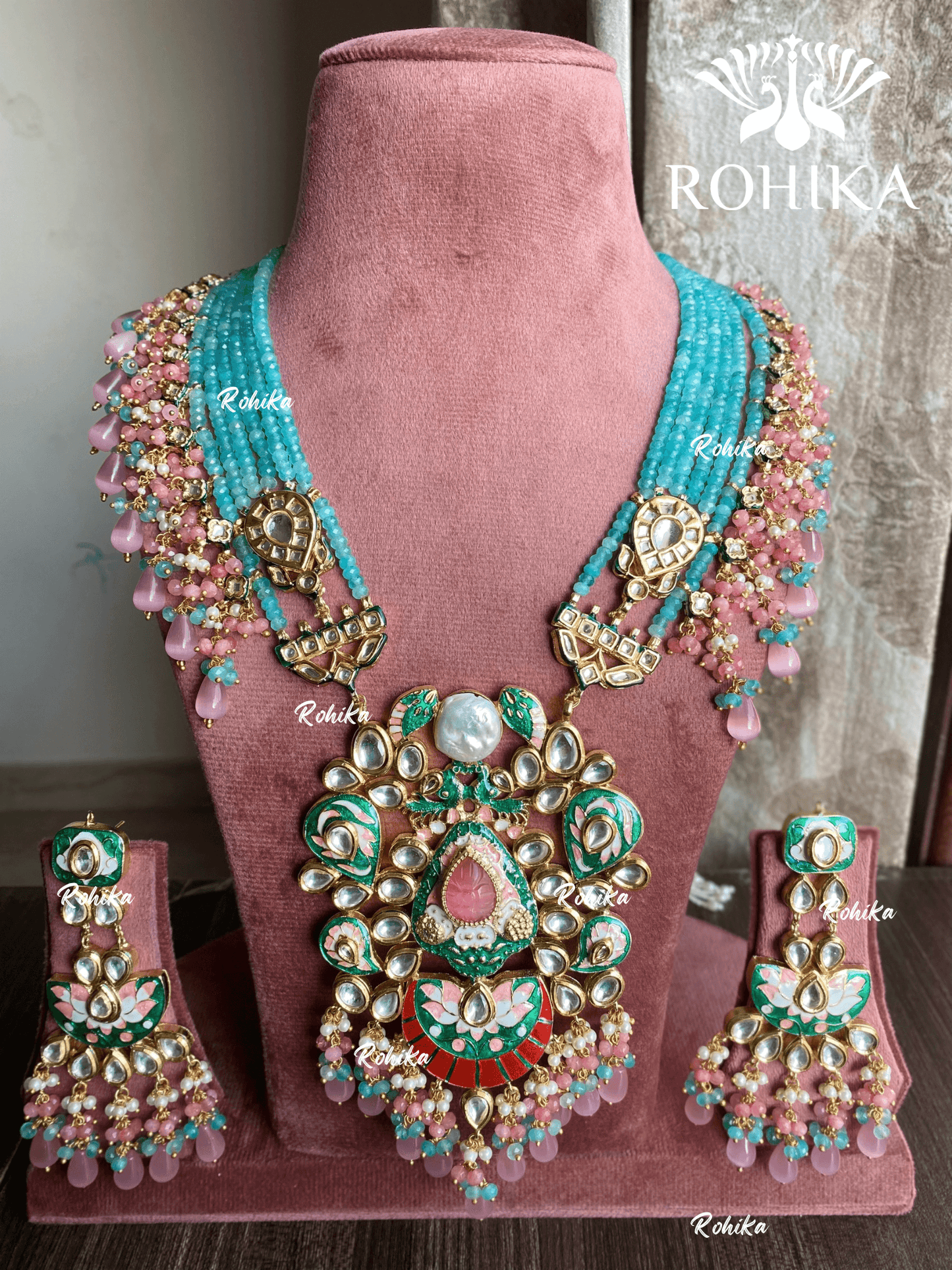 Divya meenakari kundan long necklace set - Sky blue & pink - Rohika Store