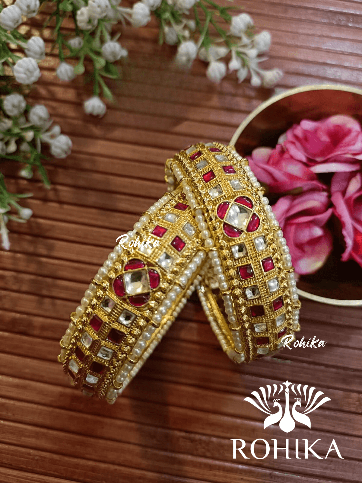 Pachhi kundan bangles - Red and white (Pkb002-R) - Rohika Store