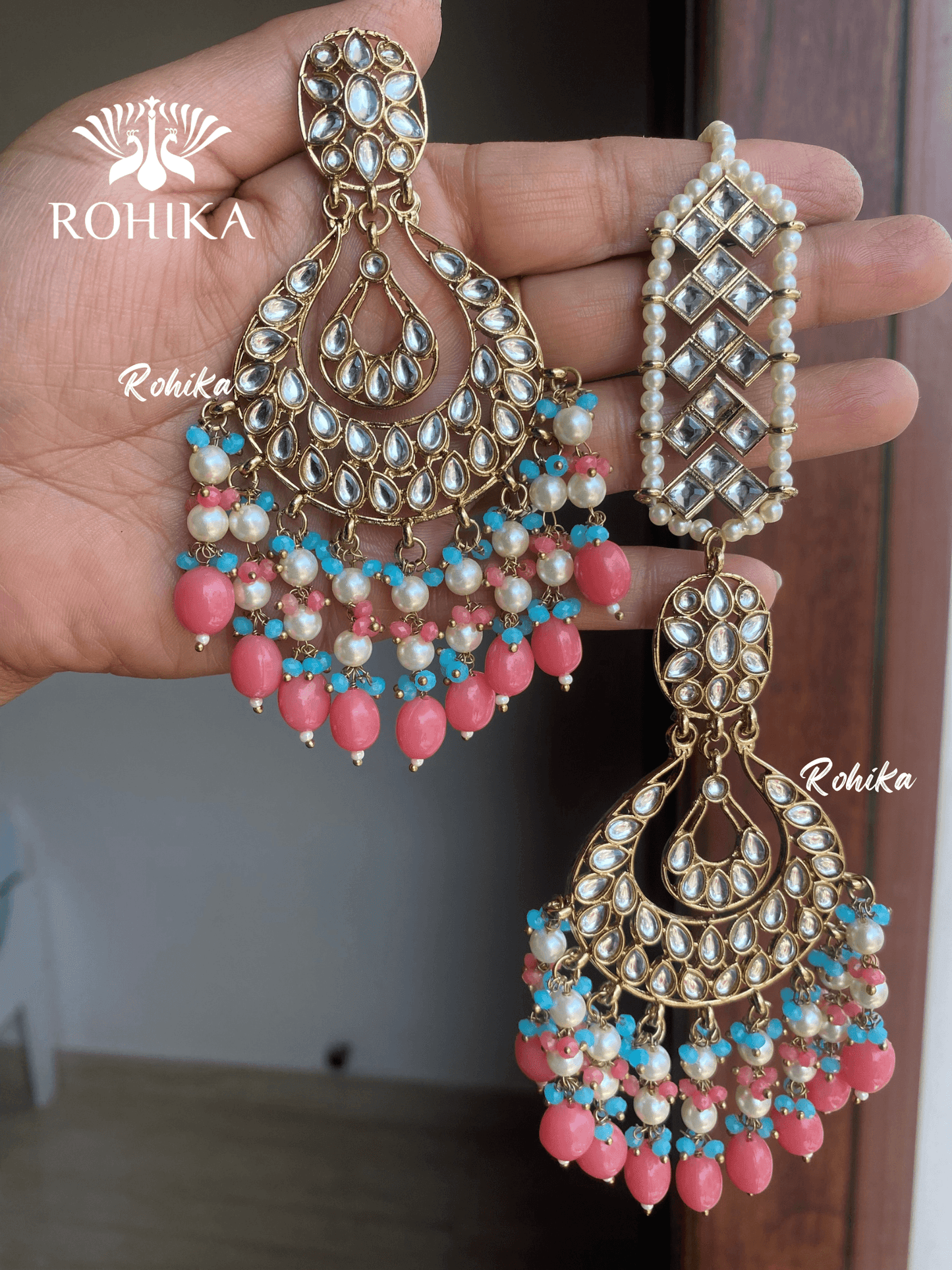 Madhur earrings and maangtikka -Peach and blue - Rohika Store