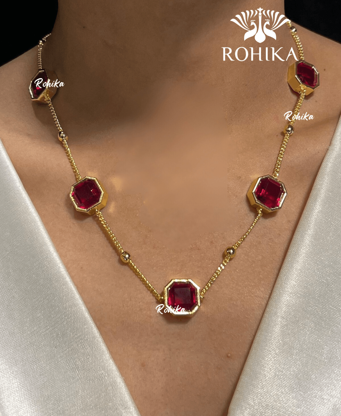 Vera american diamond necklace set - Red - Rohika Store