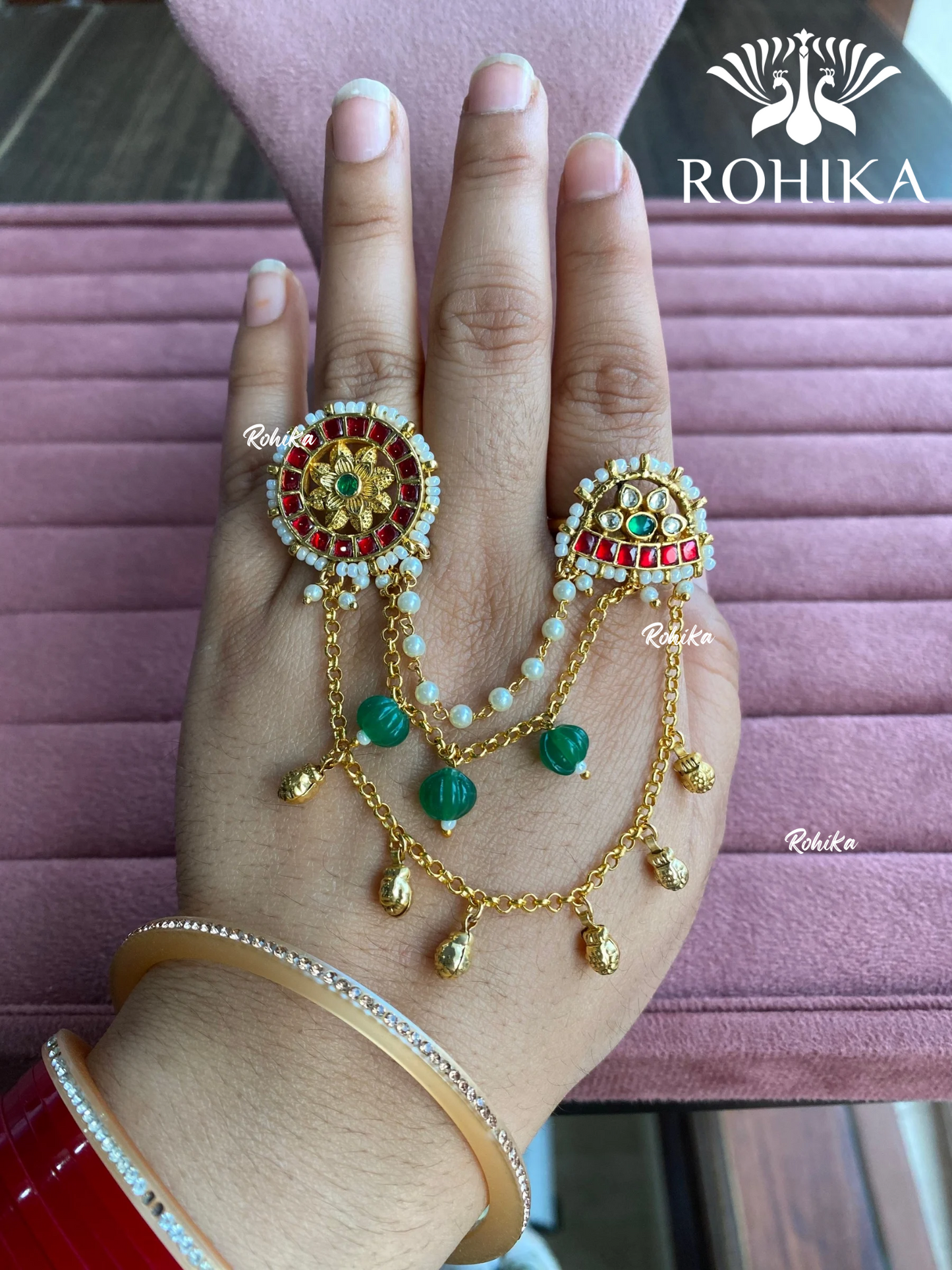 Padmini pachhi kundan ring (SG-162) - Green & Red - Rohika store