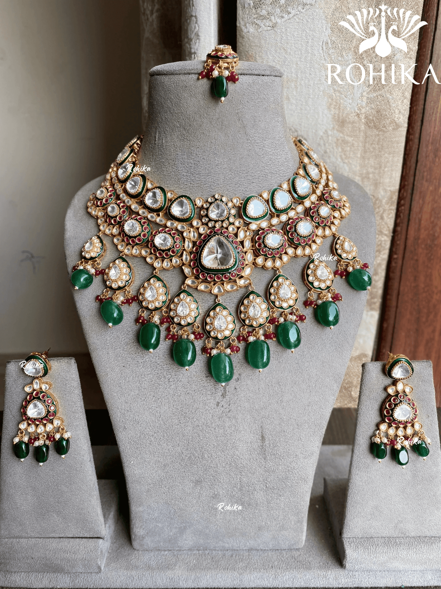 Aarushi bikaneri kundan bridal necklace set - Dark green - Rohika Store