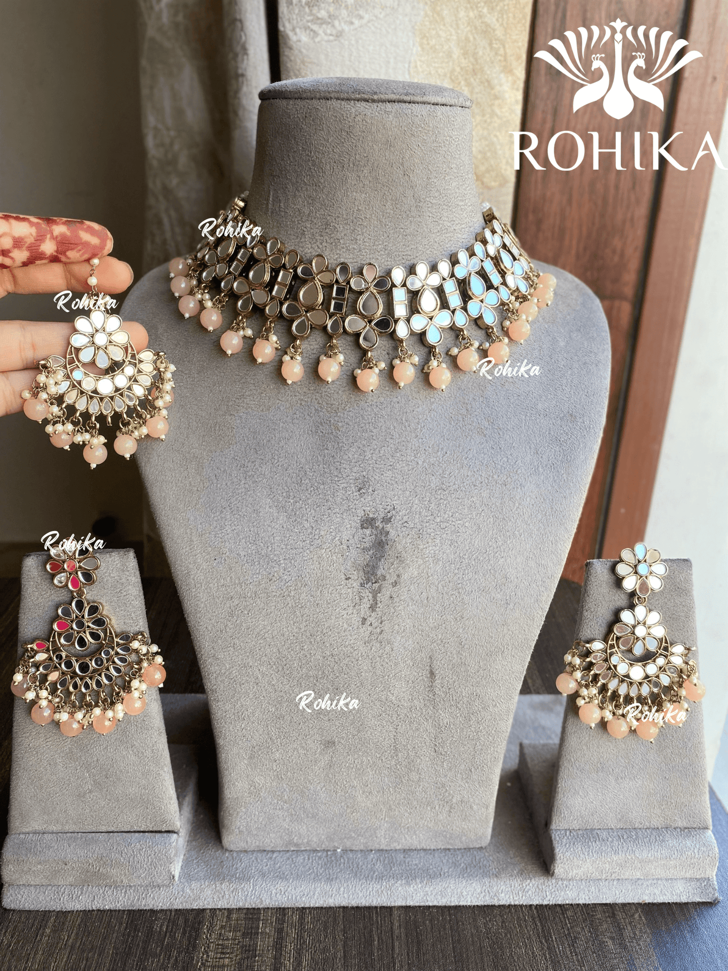 Kaniya mirror choker set - Beige - Rohika Store