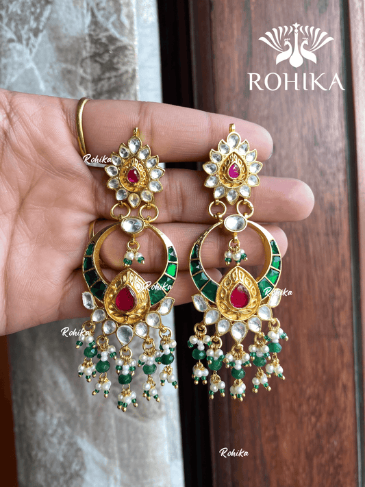 Parini pachhi kundan earrings (PKJ015) - Green & pink - Rohika Store