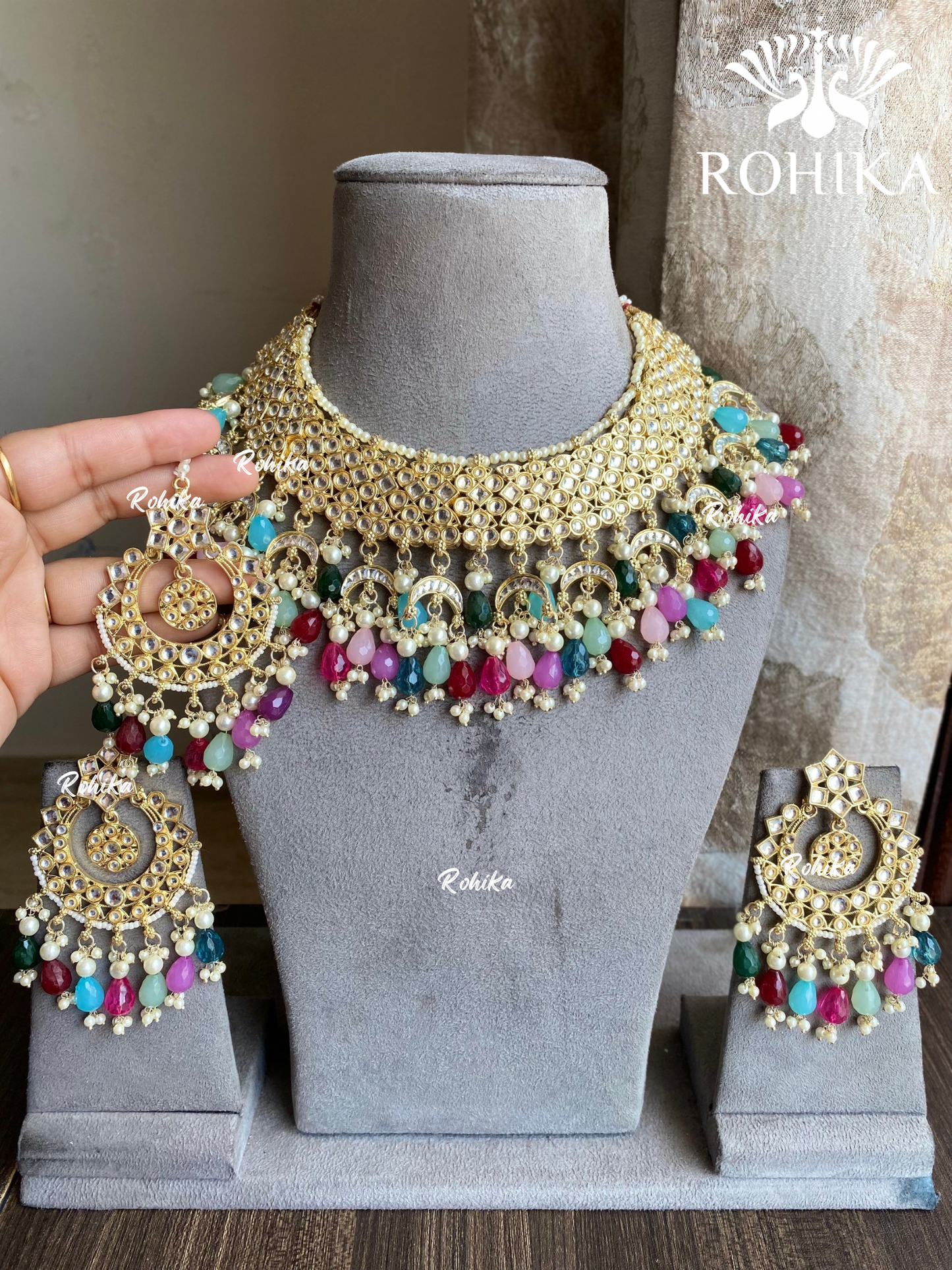 Shaheen Dabi Kundan bridal necklace set - Multi - Rohika Store