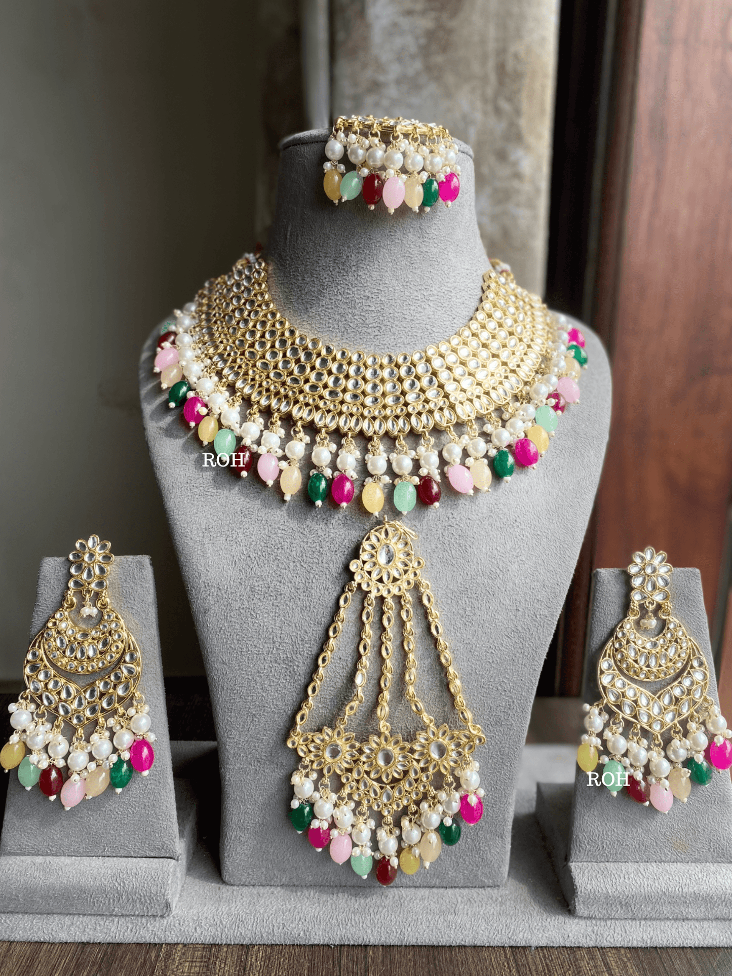 Kali dabi Kundan semi-bridal necklace set - Multi colour - Rohika Store