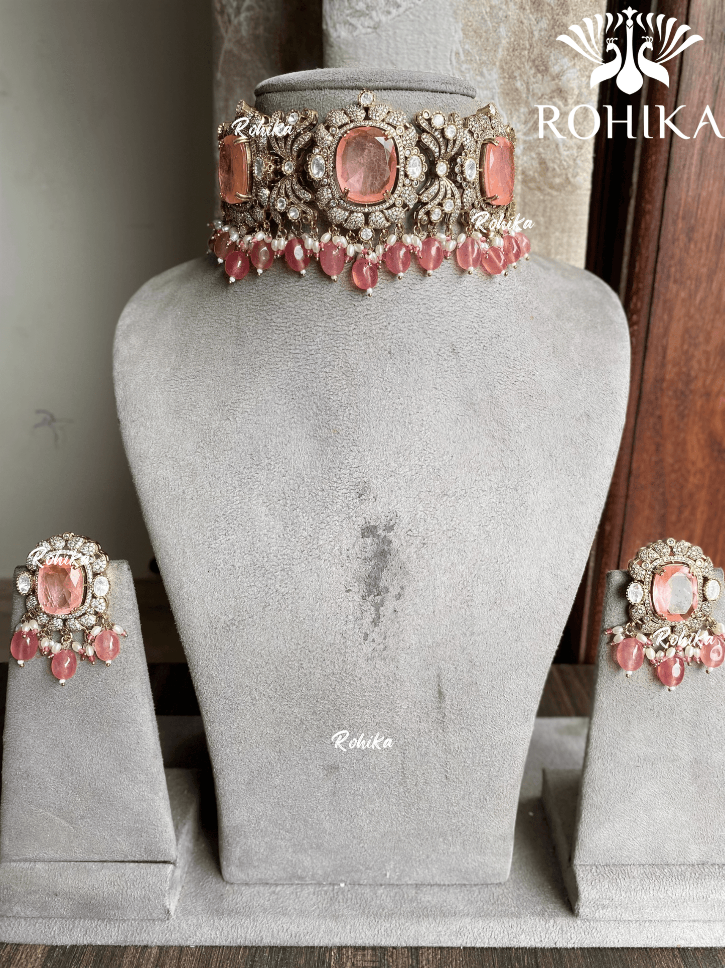 Gahana victorian choker set - Peach - Rohika Store