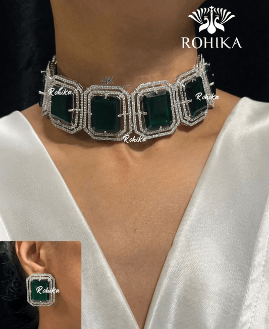 Mila american diamond choker set - Dark green - Rohika Store