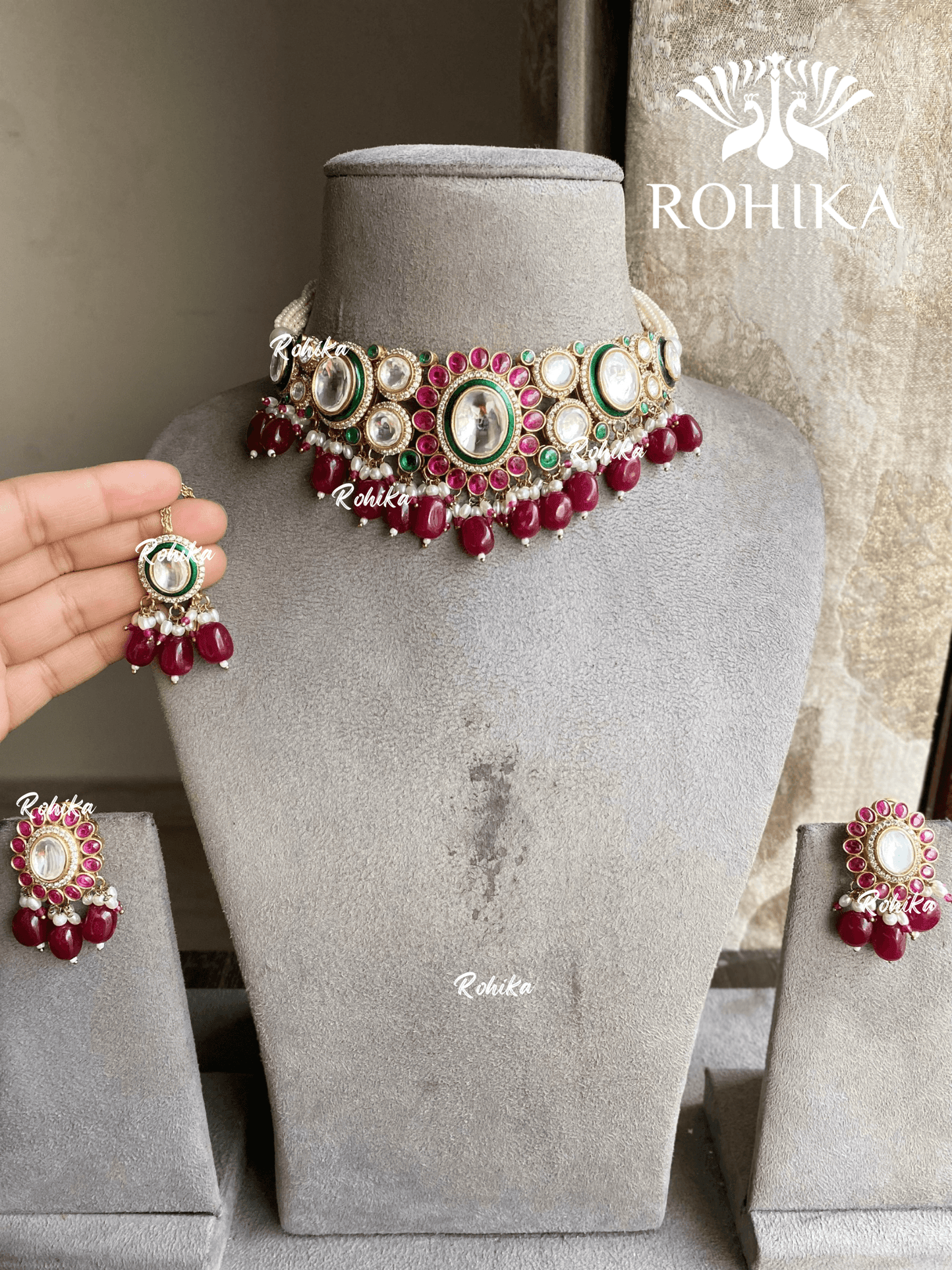 Pragya polki kundan choker set - Red / Maroon - Rohika Store