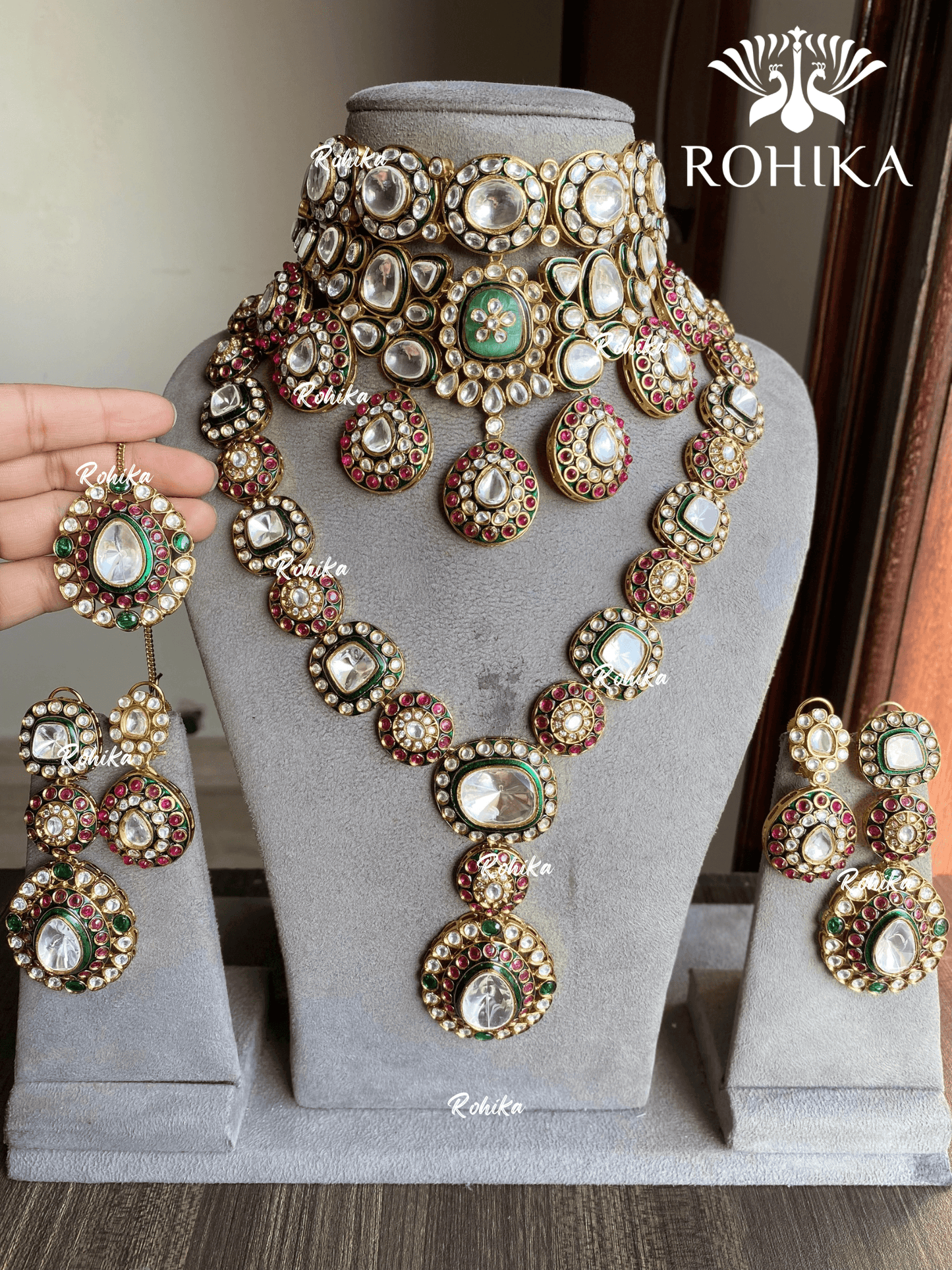 Durga bikaneri polki kundan bridal combo set - Pink - Rohika Store