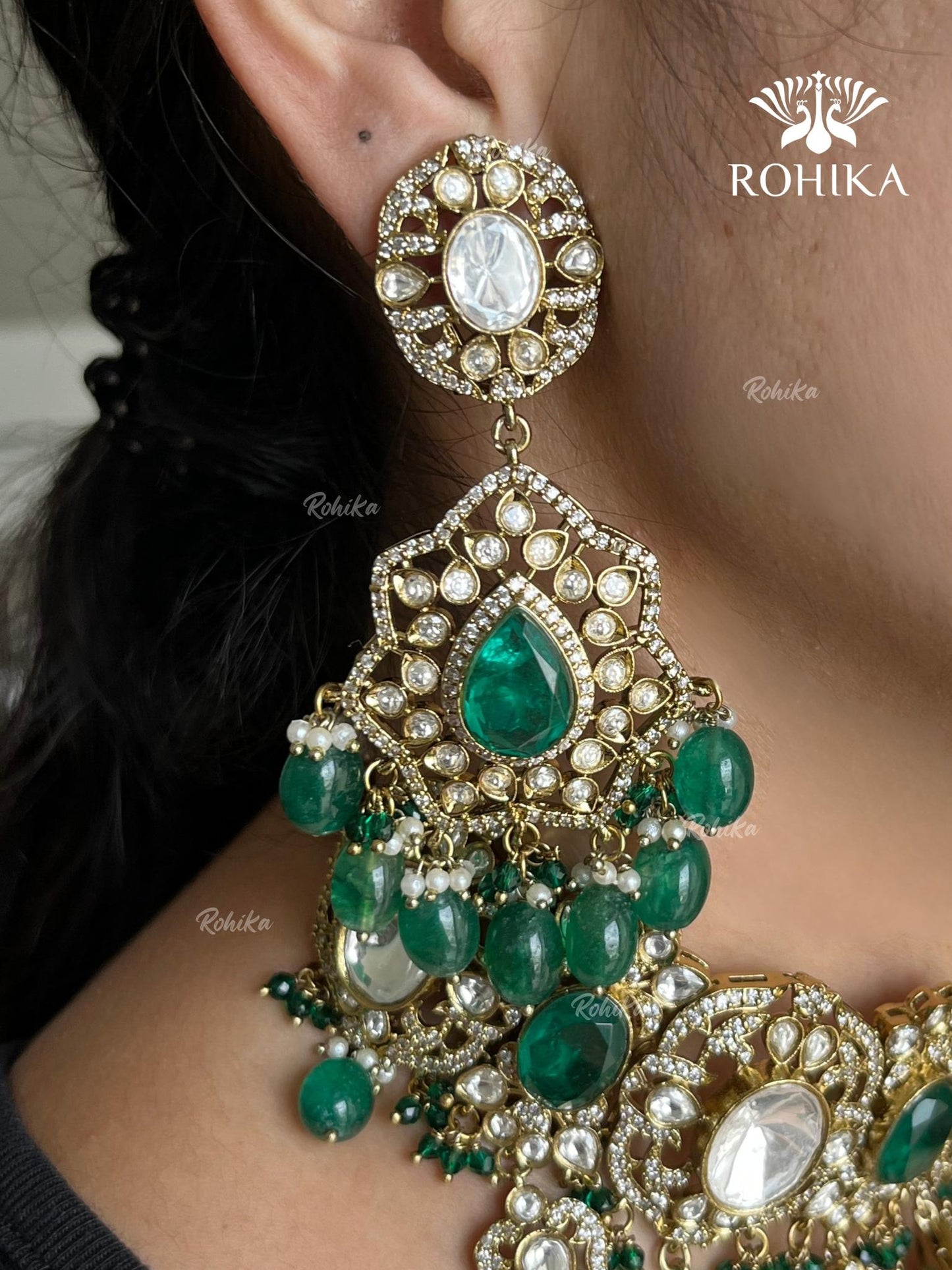 Falak Moisanite Polki Kundan Necklace Set - Green