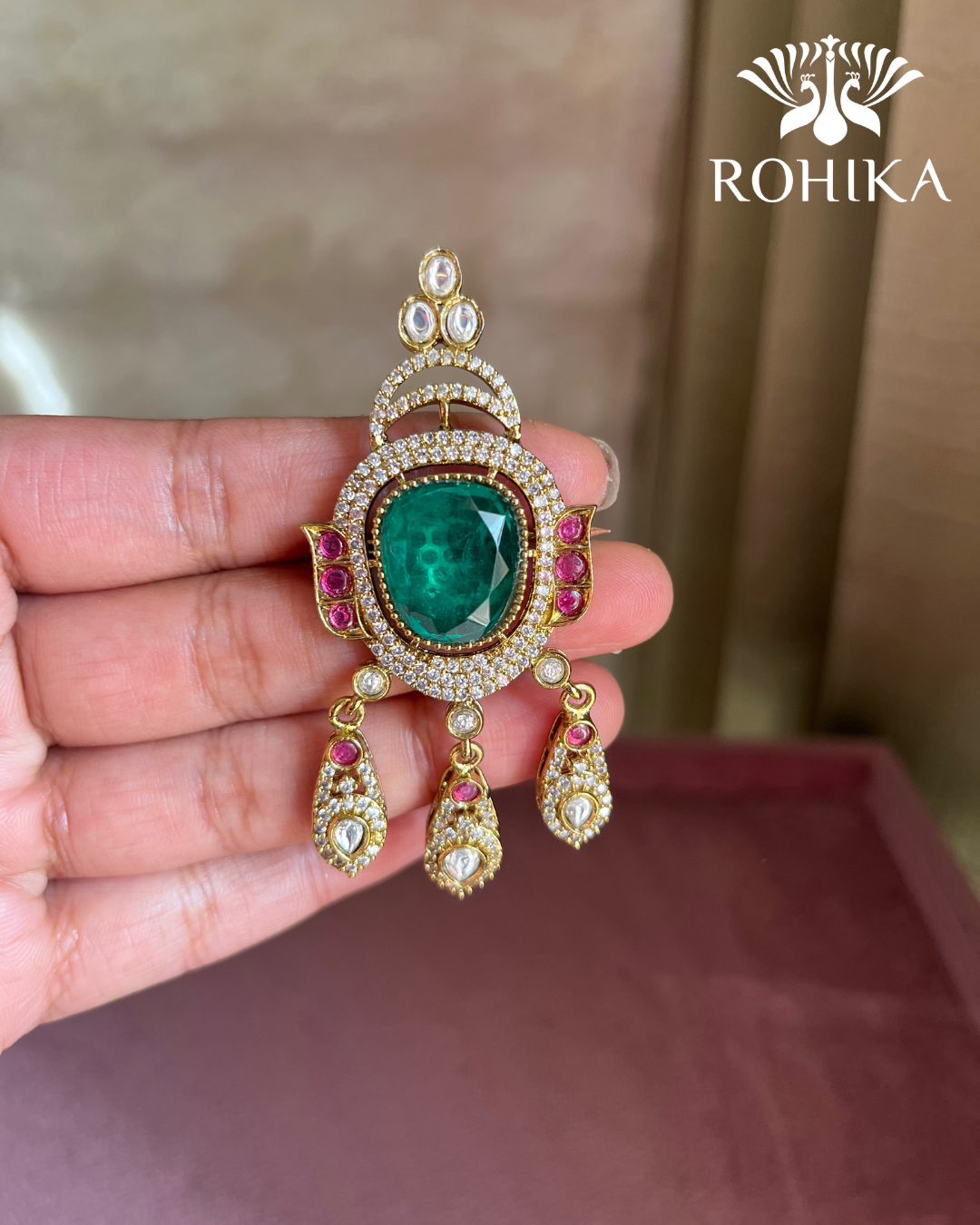 Polki Kundan Brooch (BR-010) - Green
