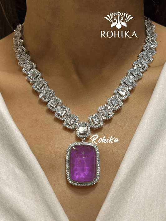 Olive american diamond necklace set - Purple - Rohika Store