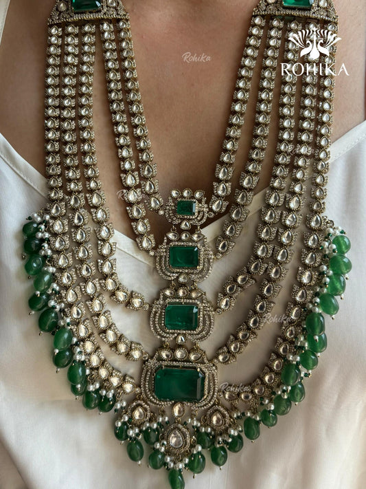 Alani Polki Kundan Long Bridal Necklace Set - Dark Green