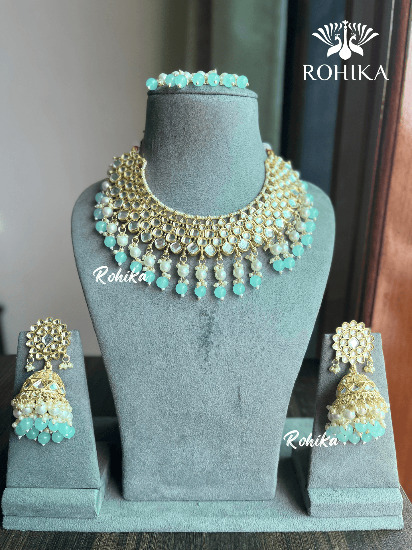 Payal dabi Kundan necklace set - Blue - Rohika Store