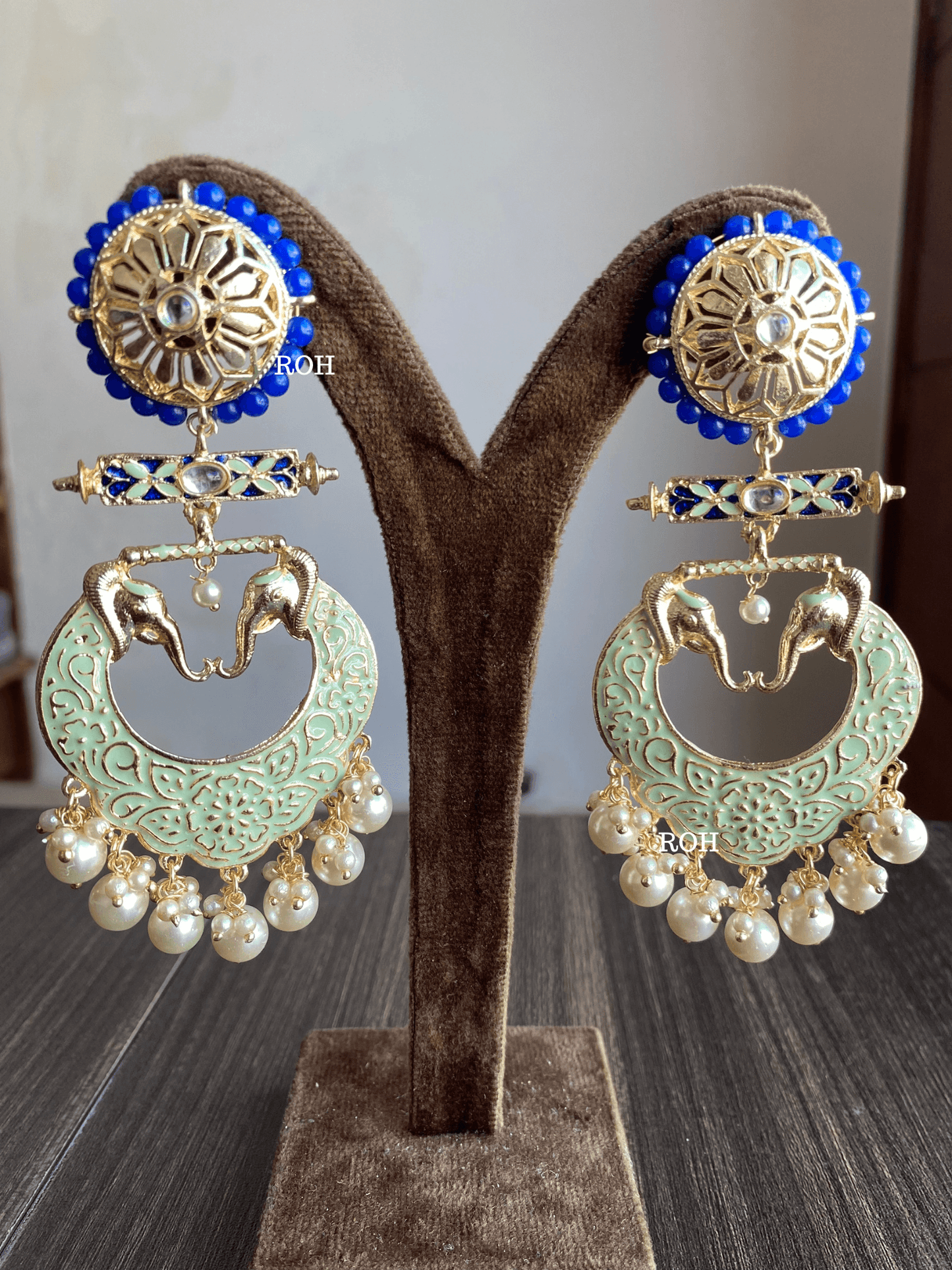 Gaja meenakari earrings - Mint Green - Rohika Store