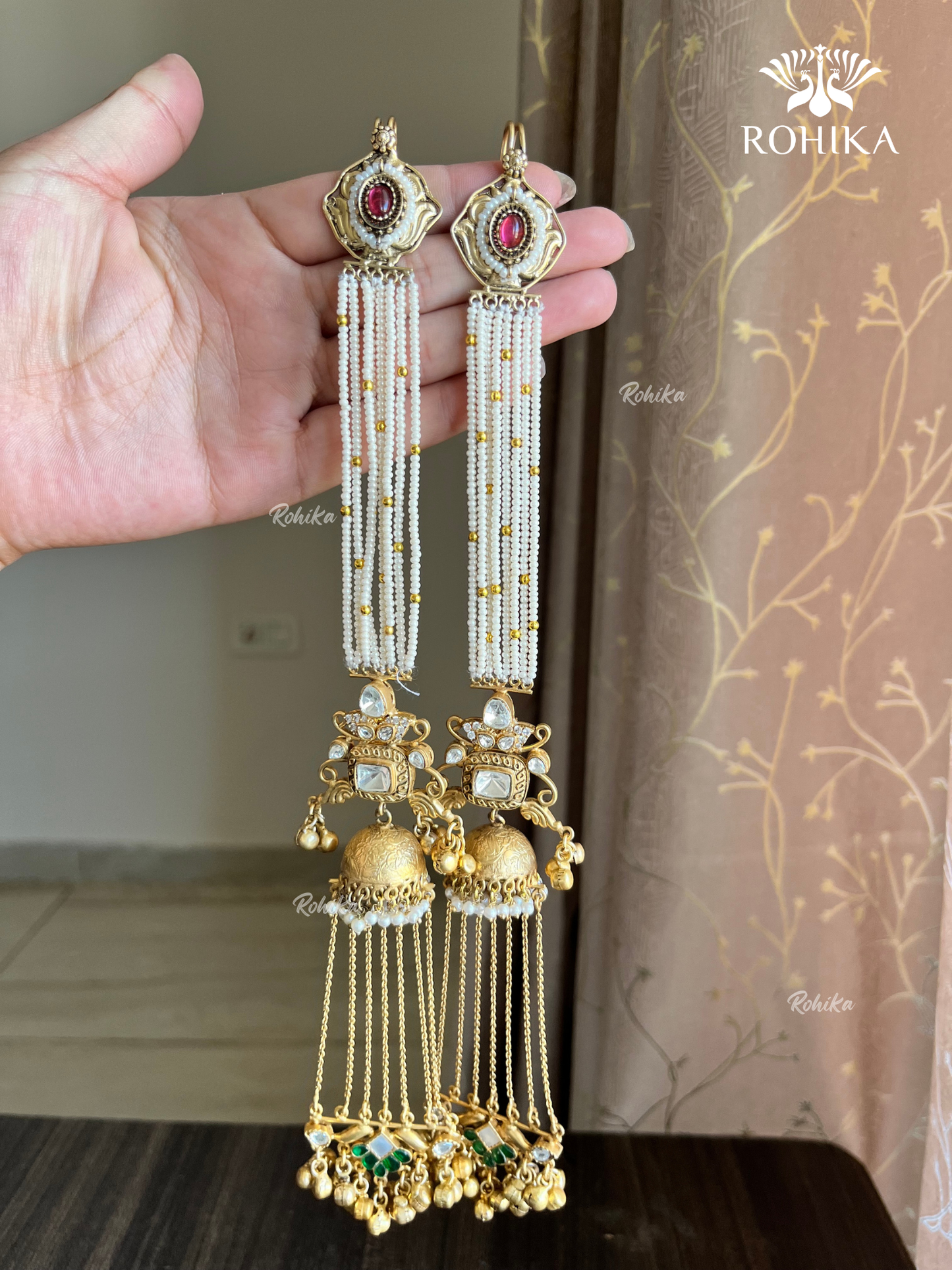 Piya polki kundan jhumka earrings with earchains(EE-006)- Green