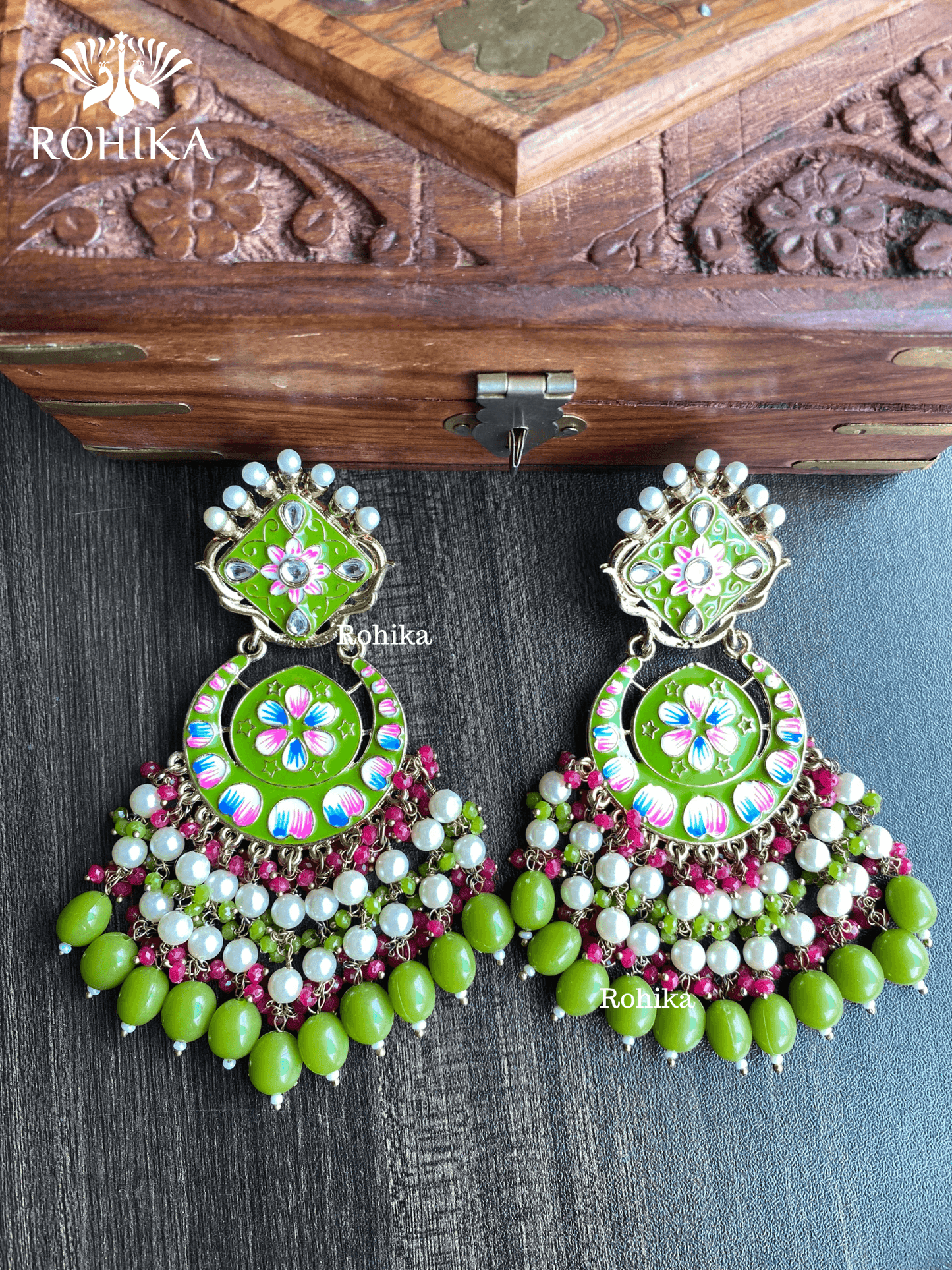 Rashmi meenakari earrings - Parrot green - Rohika Store