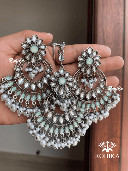 Shanti earrings and tikka combo - Sea green - Rohika Store