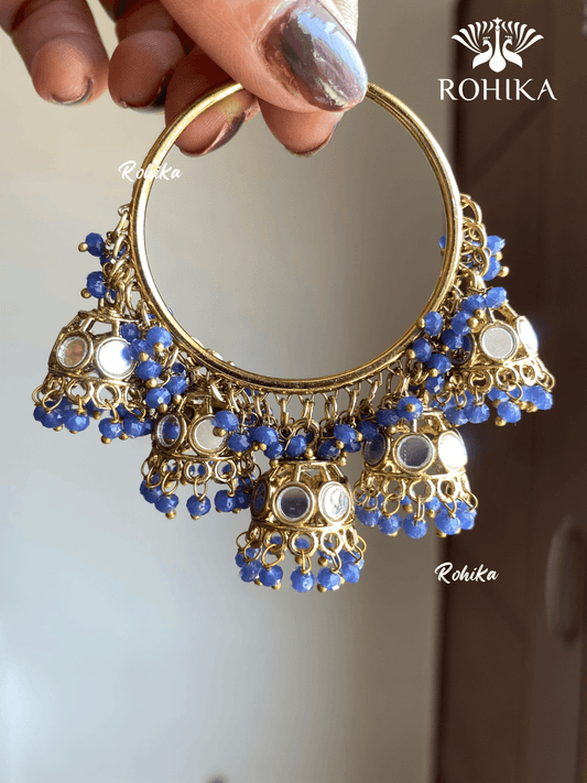 Leena mirror jhumki bali earrings - Dark blue - Rohika Store