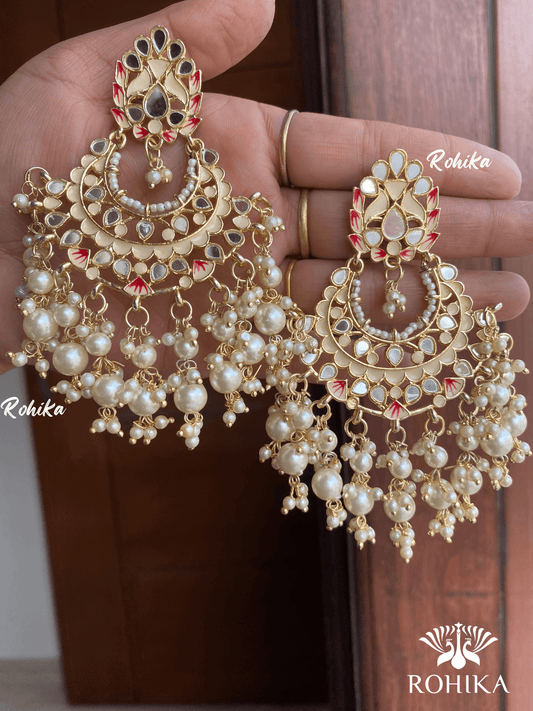 Veena mirror earrings- White - Rohika Store