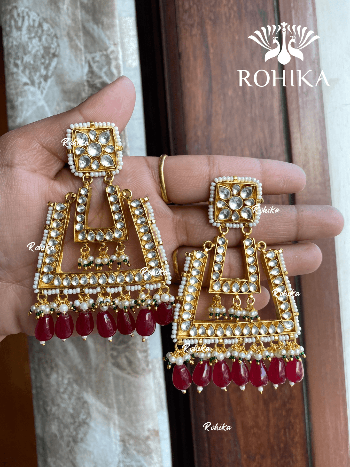 Parini pachhi kundan earrings (PKJ018) - Red - Rohika Store