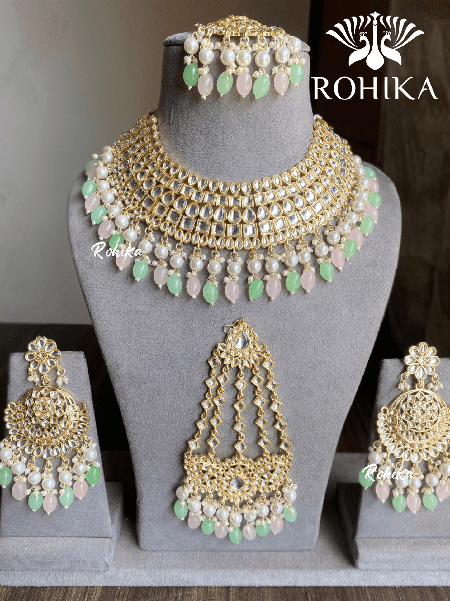 Shehzadi Dabi Kundan semi-bridal necklace set - Multi (Pink and Mint) - Rohika Store