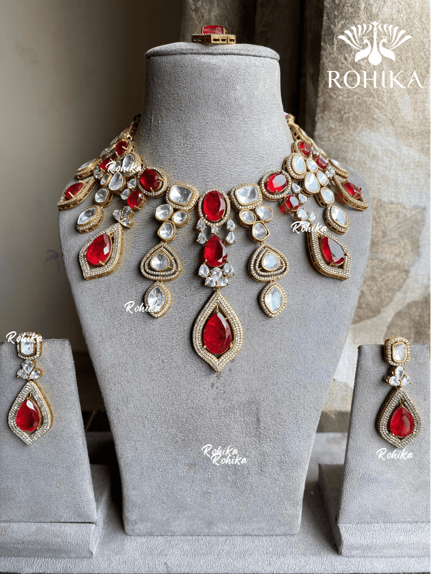Sahas doublet kundan necklace set - Red - Rohika Store