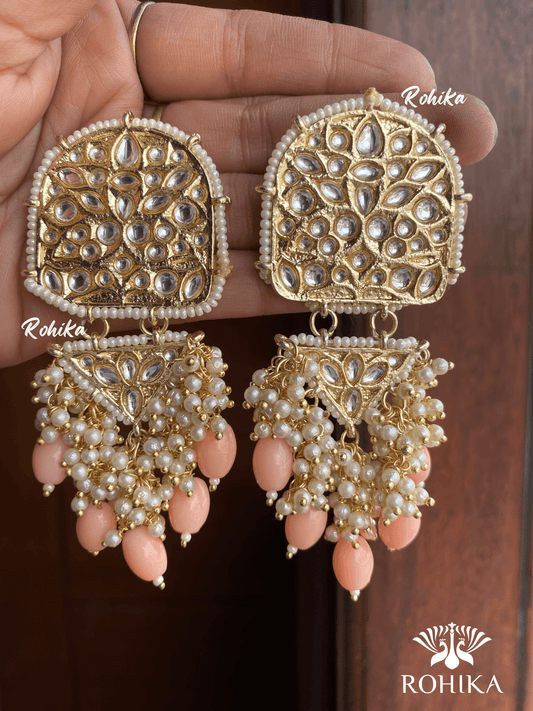 Rosy kundan earrings -Peach - Rohika Store