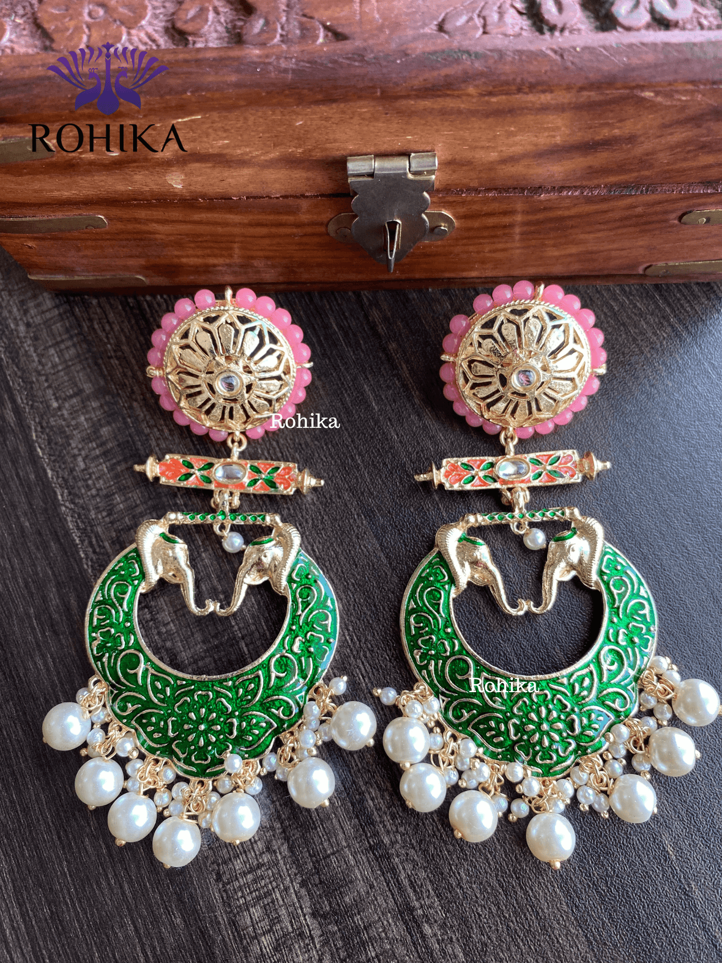 Gaja meenakari earrings - Dark Green - Rohika Store