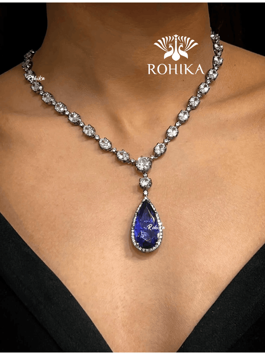 Emily american diamond necklace set - Dark blue - Rohika Store