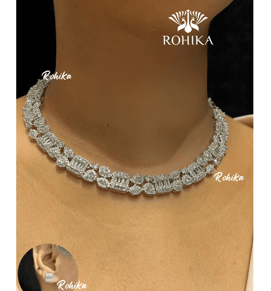Jade american diamond necklace set - Silver - Rohika Store