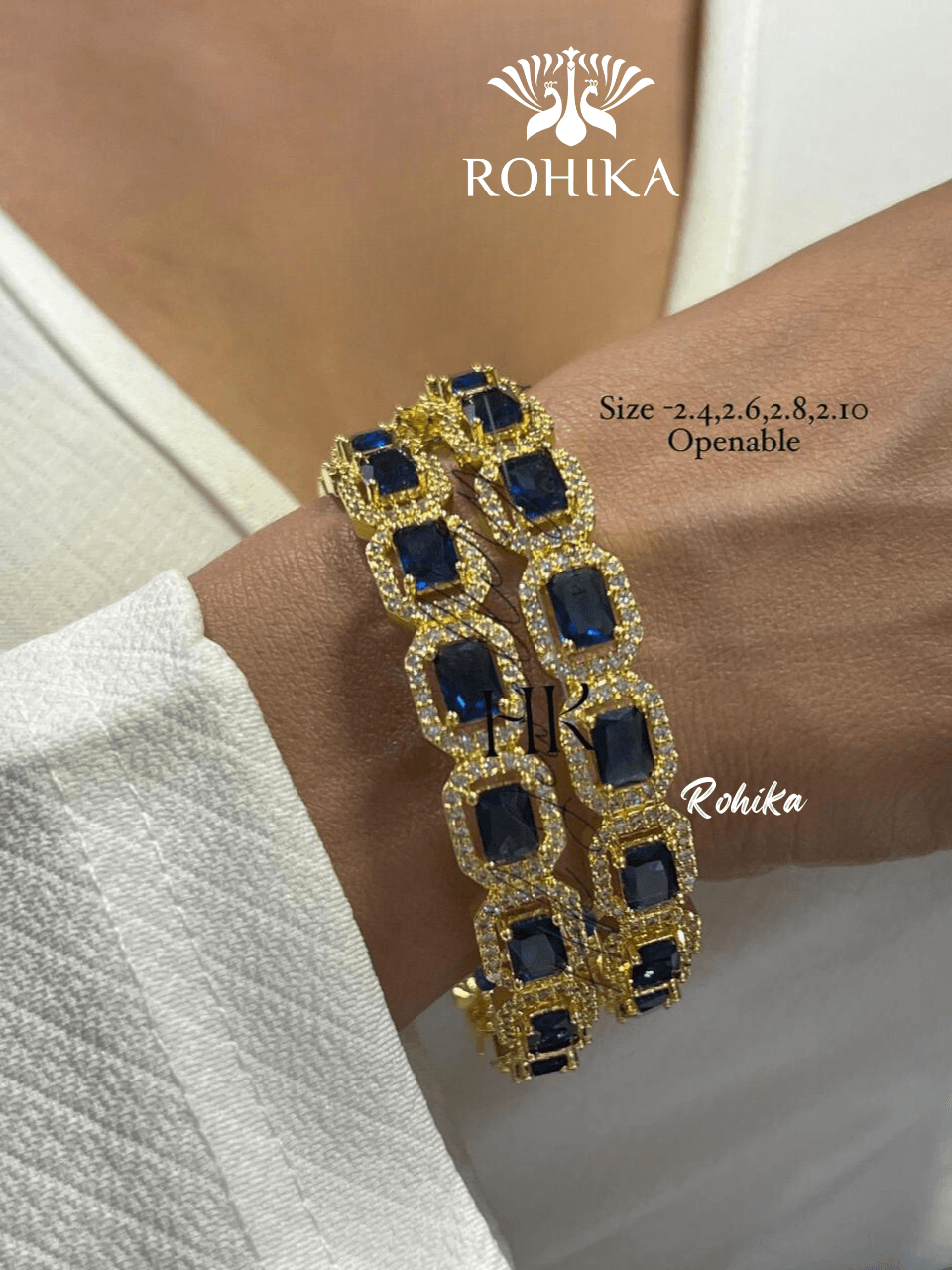 Denise american diamond bangles pair - Dark blue - Rohika Store