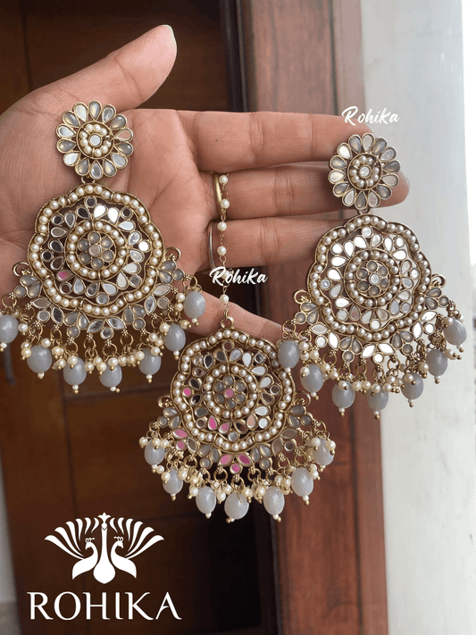 Rashi mirror earrings tikka combo - Grey - Rohika Store