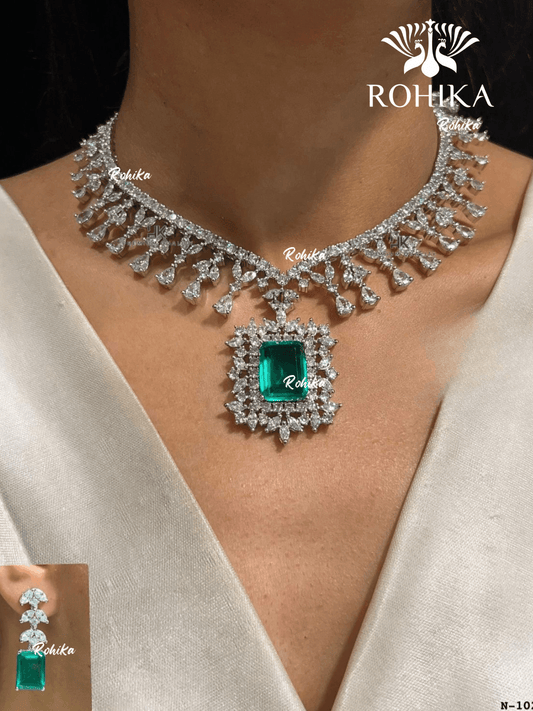 American diamond necklace set (ADN -014) - Green - Rohika Store