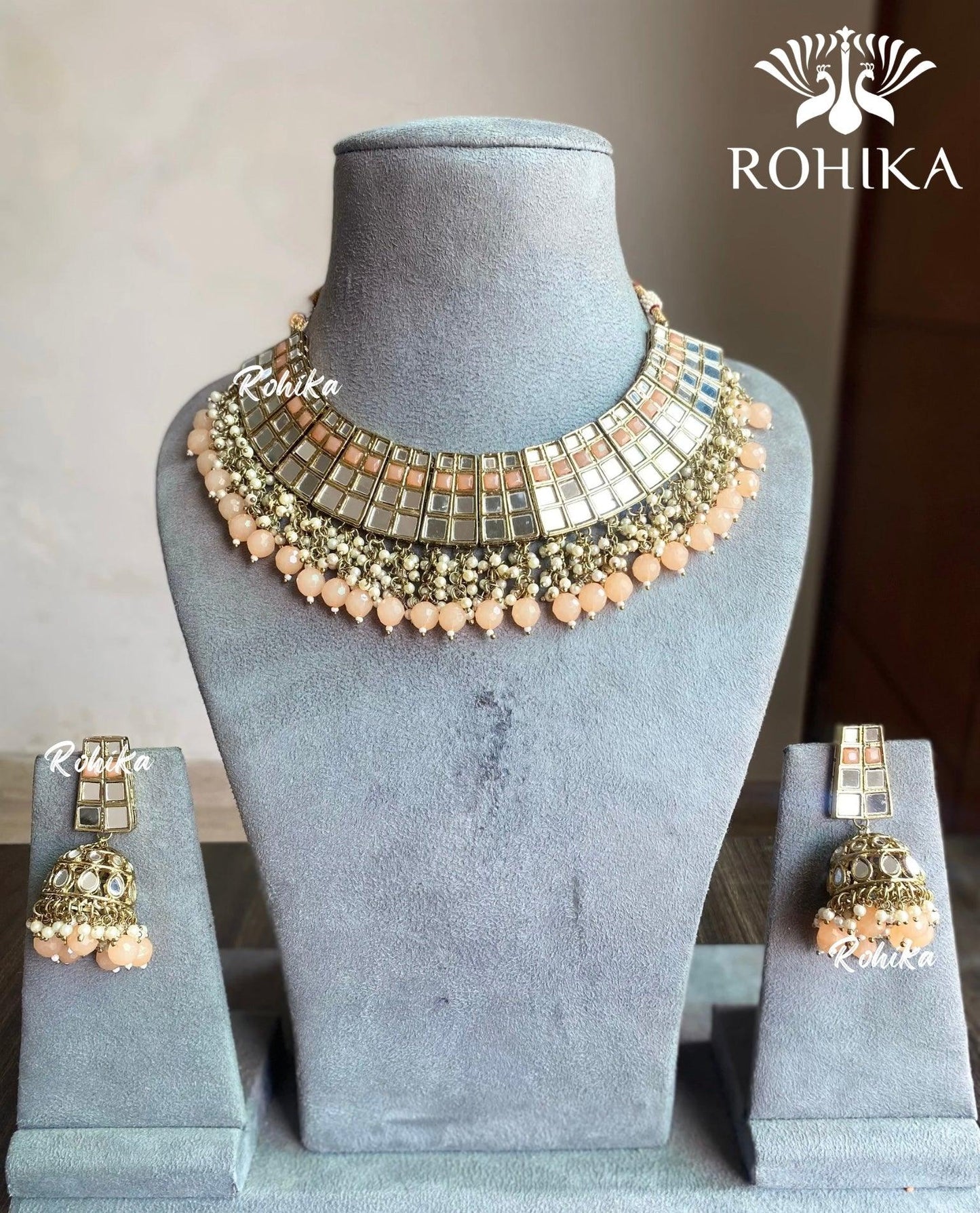 Sana mirror necklace set - Peach - Rohika Store