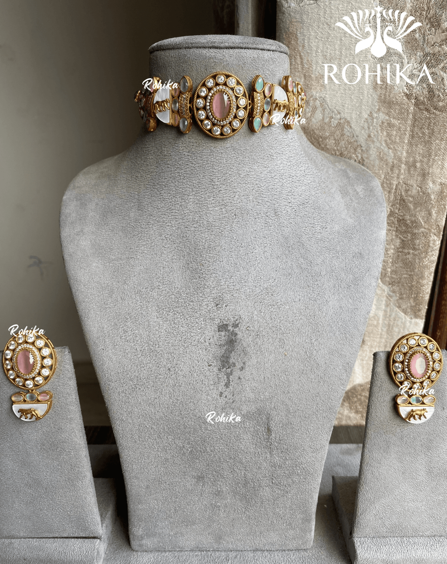 Sabha designer choker set - Pink & Mint green - Rohika Store