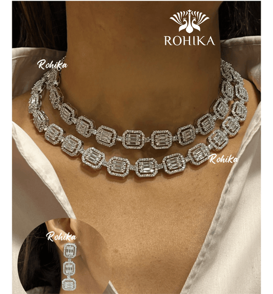 Sarah american diamond necklace set - Silver - Rohika Store