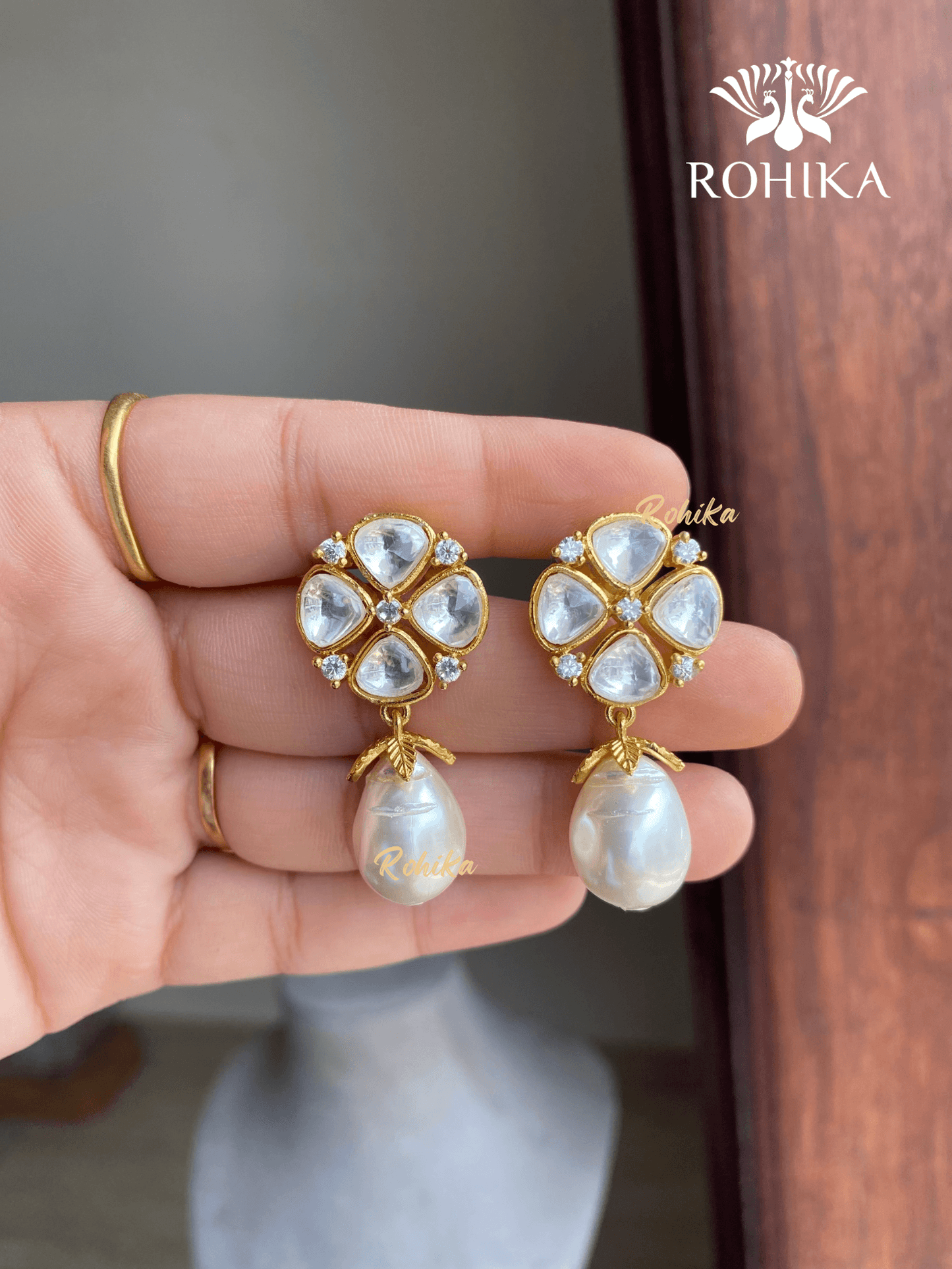 Manan polki kundan earrings - White - Rohika Store