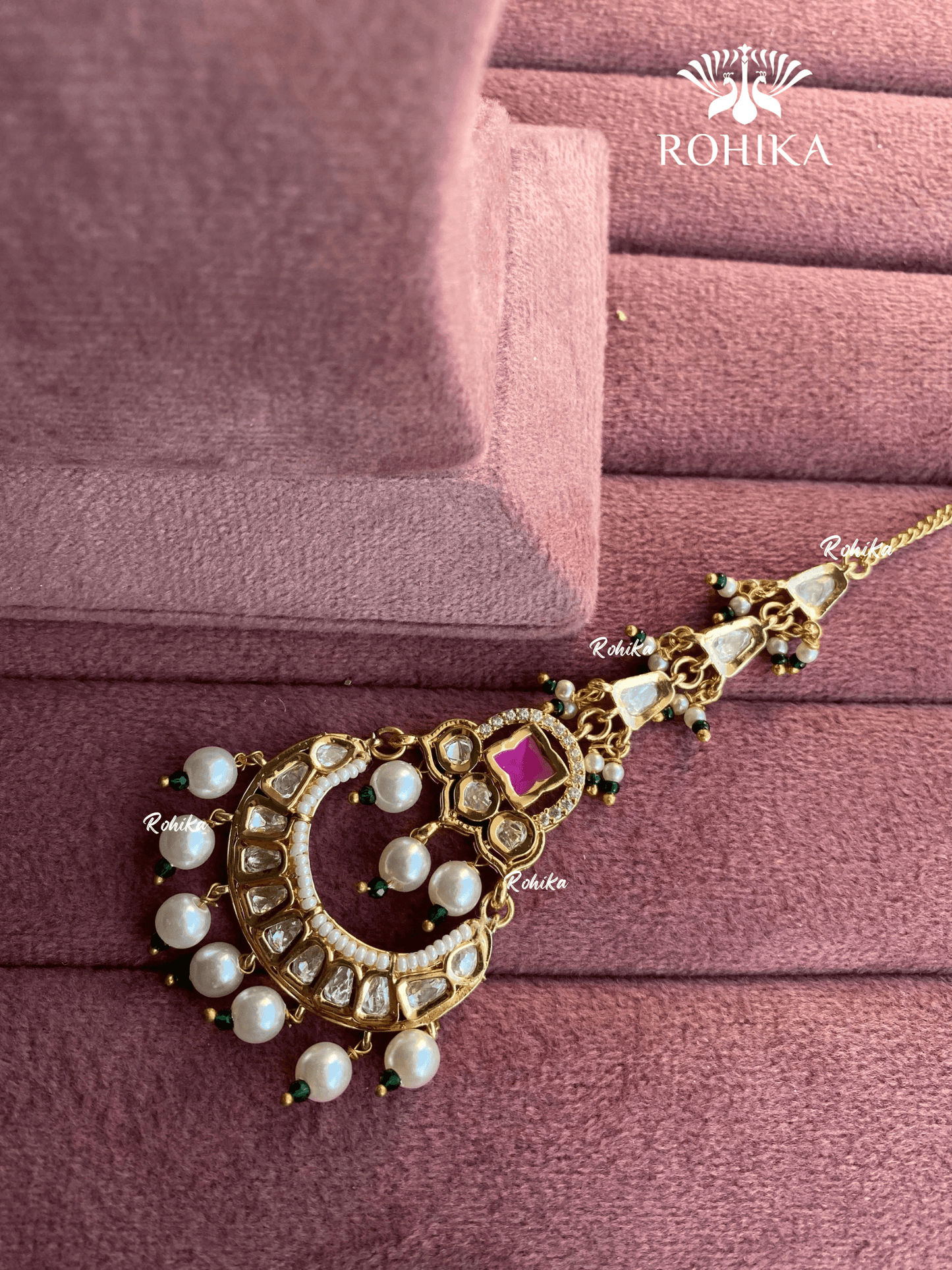 Polki kundan maangtikka (PLKM-035) - Pink & green - Rohika Store