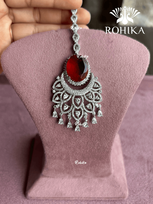 American Diamond Maangtikka (ADM-004) - Red - Rohika Store