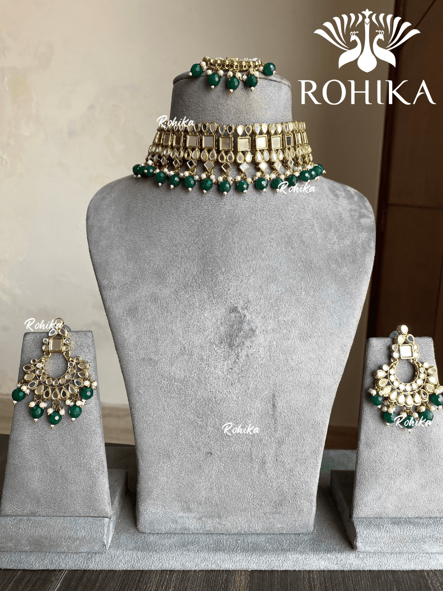 Saman mirror choker set - Dark green - Rohika Store
