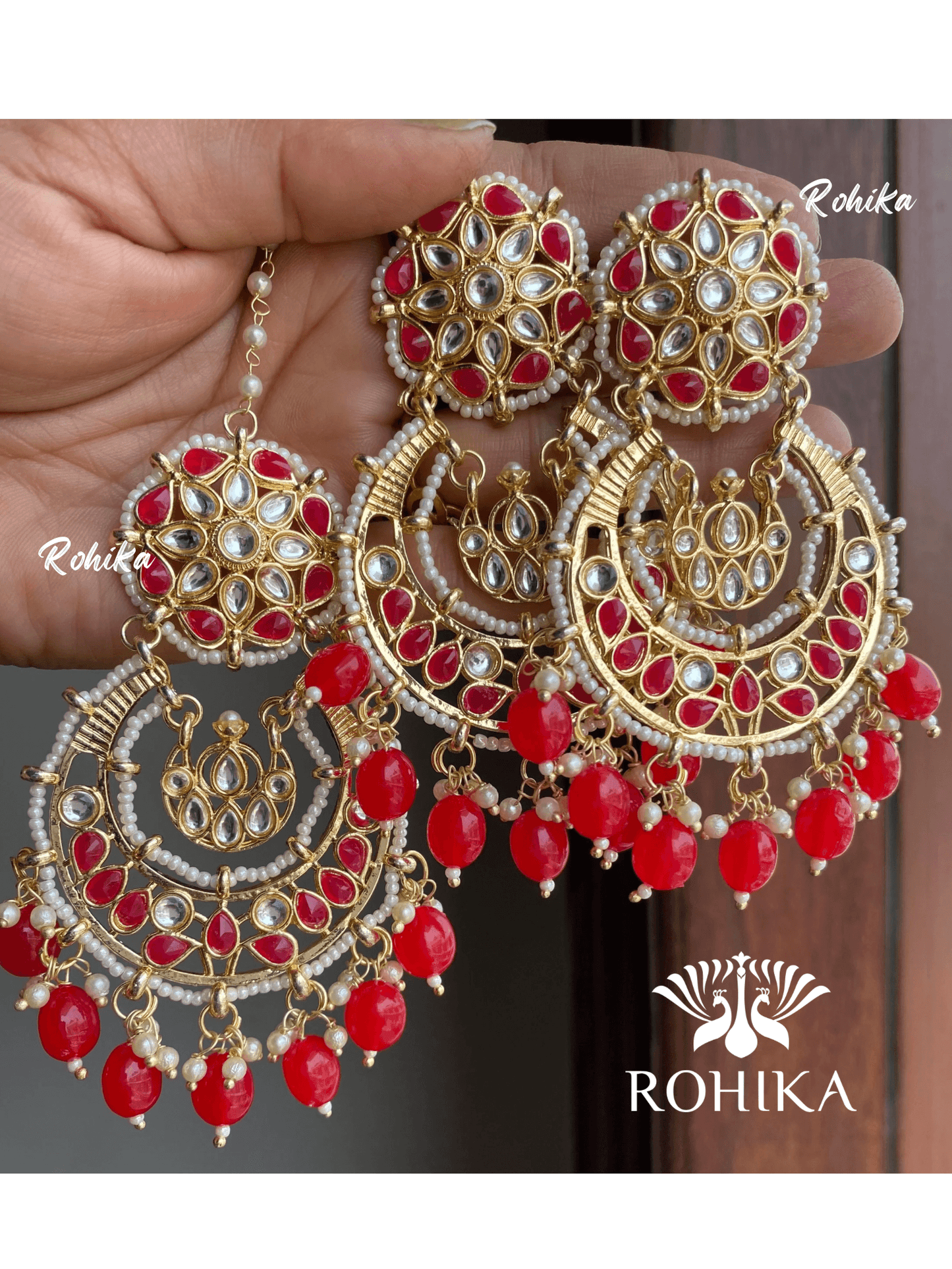 Karina earrings and maangtikka combo - Red - Rohika Store