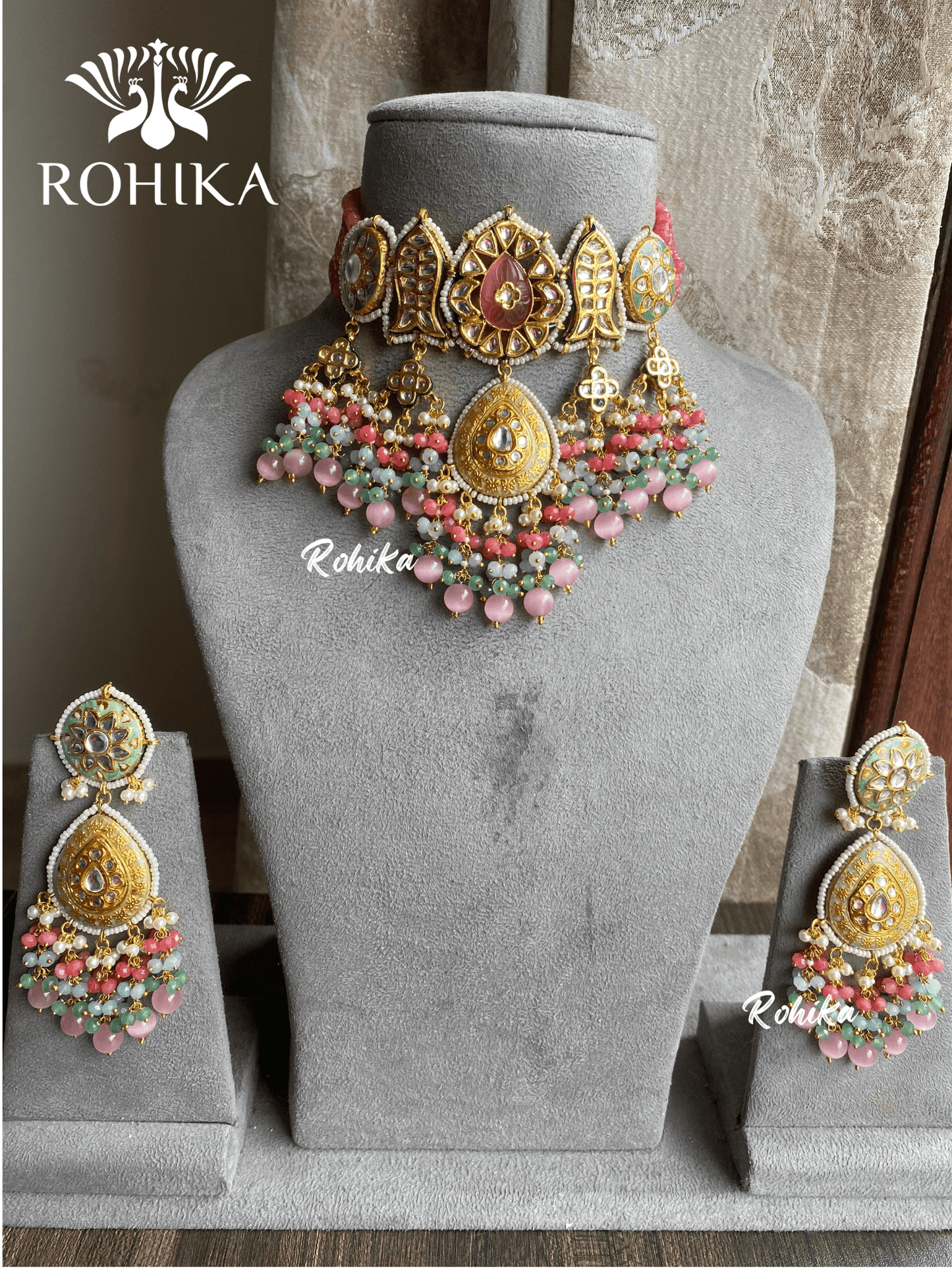Kaya meenakari kundan choker set - Pink - Rohika Store